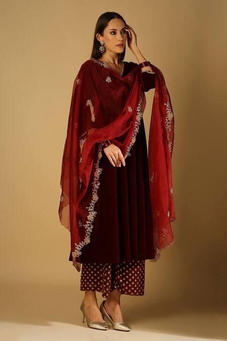 Monk & Mei By Sonia Anand_Maroon Velvet, Georgette, Organza Embroidery, Zareen A-line Kurta Palazzo Set _Online_at_Aza_Fashions