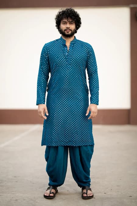 Buy_Hilo Design_Blue Georgette Embroidery Mirror Teal Kurta For Kids_Online_at_Aza_Fashions