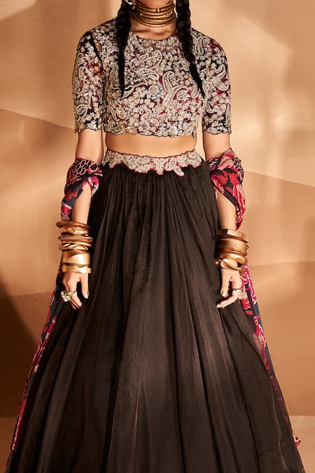 Buy_Bhumika Sharma_Black Organza, Georgette Embroidery Round Neck Lehenga Set With Blouse _Online_at_Aza_Fashions