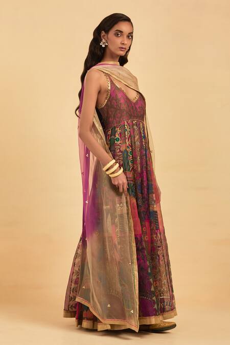 Buy_Aum By Asit And Ashima_Multi Color Organza Embroidery, Peacock And Flower Print Anarkali With Dupatta _Online_at_Aza_Fashions
