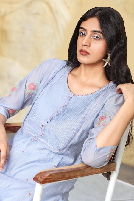 Buy_Tatwa_Blue Handloom Cotton, Viscose, Silk Embroidery Chanderi Flower Kurta And Pant Set _Online_at_Aza_Fashions