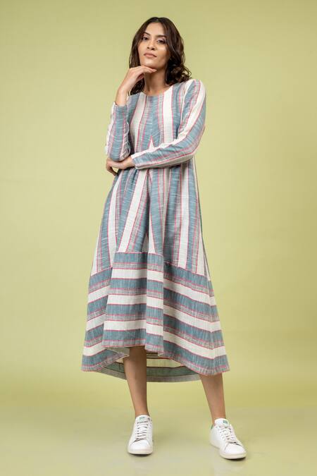 Buy_Doodlage_Multi Color Cotton Round Neck Jill Striped And Flared Dress_Online_at_Aza_Fashions