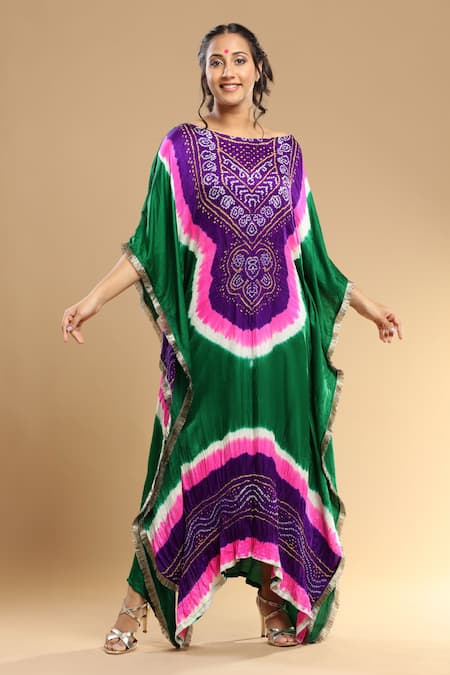 Buy_Etasha By Asha Jain_Multi Color Gingham Tassels Round Neck Bandhani Pattern Kaftan _Online_at_Aza_Fashions