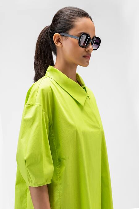Buy Genes Lecoanet Hemant Green Cotton Embroidery Asymmetric Collar A-line Dress Online at Aza Fashions Buy_Genes Lecoanet Hemant_Green Cotton Embroidery Asymmetric Collar A-line Dress_Online_at_Aza_Fashions