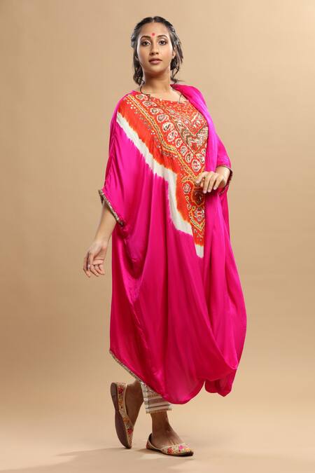Buy_Etasha by Asha Jain_Fuchsia Gabardine, Satin Embroidery, Zari Round Neck Draped Kaftan And Pant Set _Online_at_Aza_Fashions