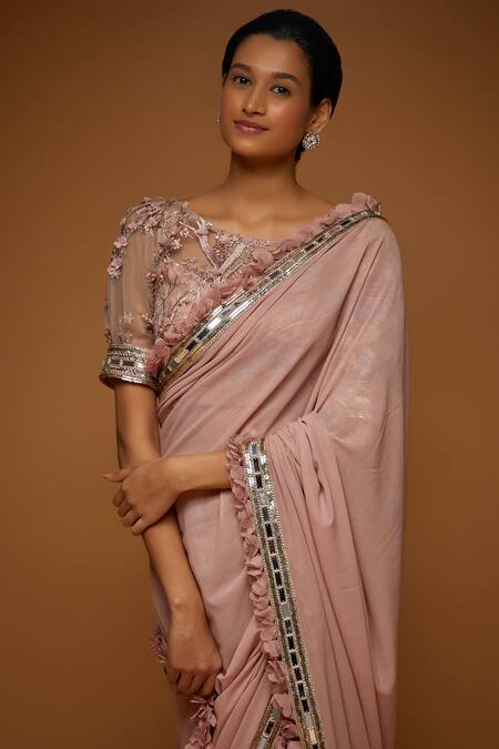 Buy_Neeta Lulla_Pink Georgette, Tulle Embroidery, Sequins Pheobe 3d Flower Saree With Blouse_Online_at_Aza_Fashions