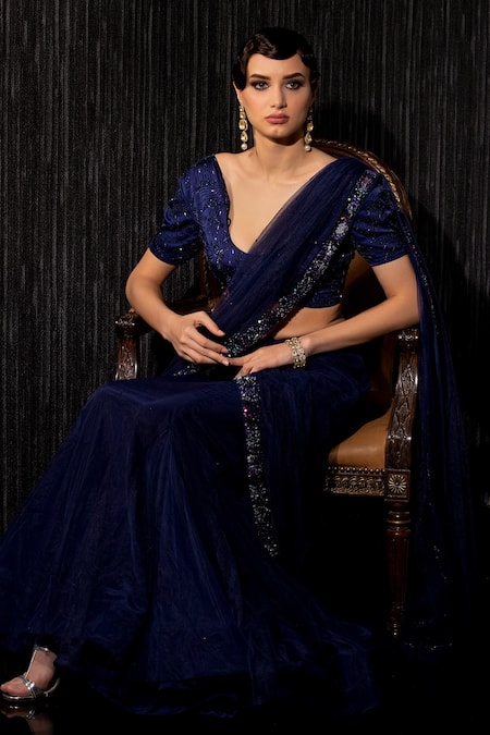 Buy_Shilpi Gupta_Blue Silk Satin, Net Sequins, Border Embroidered Pre-draped Saree With Blouse _Online_at_Aza_Fashions