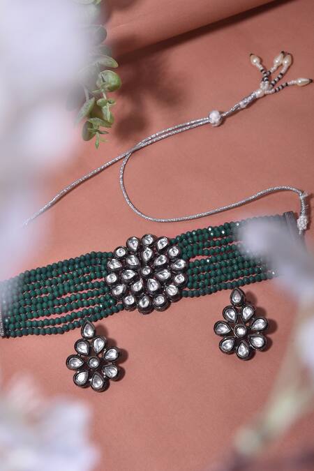 Buy_Swabhimann_Green Diamonds, Stones Kundan And Bead Embellished Necklace Set _Online_at_Aza_Fashions