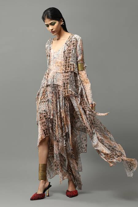 Shop AK-OK Multi Color Chiffon V-neck Abstract Print Layered Top And Skirt Set Online at Aza Fashions Shop_AK-OK_Multi Color Chiffon V-neck Abstract Print Layered Top And Skirt Set _Online_at_Aza_Fashions