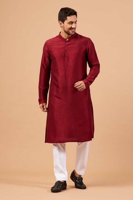 Buy_Hilo Design_Maroon Cotton, Lycra Mandarin Collar Kurta Pant Set _Online_at_Aza_Fashions