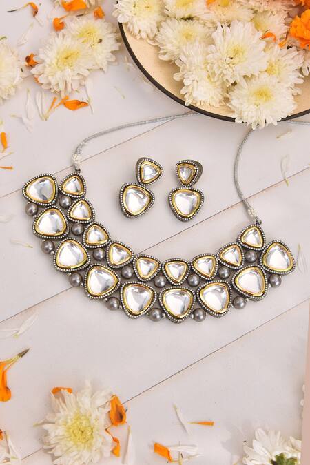 Buy_Swabhimann_Grey Diamonds, Stones Polki Embellished Necklace Set _Online_at_Aza_Fashions