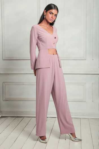 Buy_Couché By Anandini_Pink Pashmina V-neck Punto Plain Crop Top And Pant Set _Online_at_Aza_Fashions