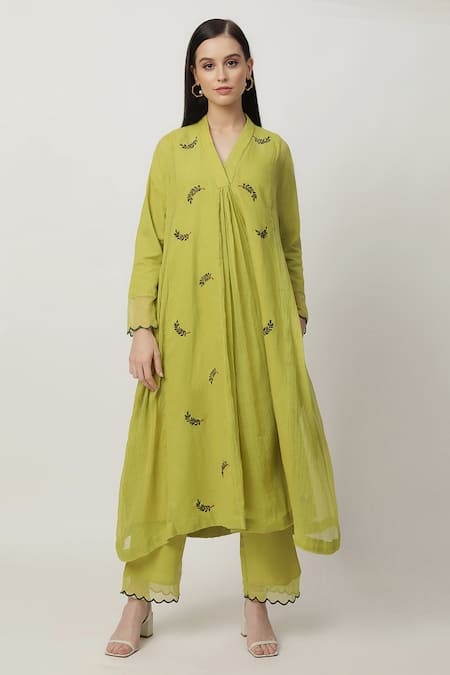 Buy Musal Green Cotton, Linen, Kota Doria Embroidery V-neck Tracey Leaf Kurta Pant Set Online at Aza Fashions Buy_Musal_Green Cotton, Linen, Kota Doria Embroidery V-neck Tracey Leaf Kurta Pant Set_Online_at_Aza_Fashions