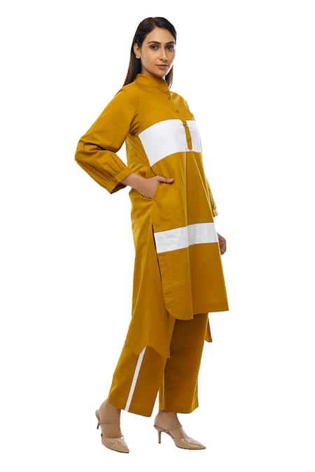 Buy_Khat_Yellow Mandarin Collar Mustard Panelled Dress Pant Set _Online_at_Aza_Fashions