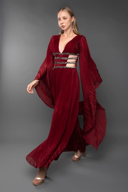 Buy_Anjum Qureshi_Maroon Pleated Embroidery Cutdana Plunge V Neck Waterfall Sleeve Jumpsuit _Online_at_Aza_Fashions