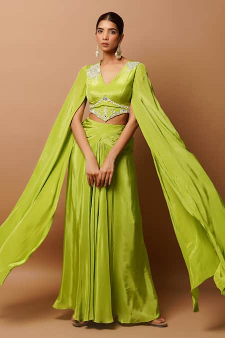 Buy_Ahi Clothing_Green Crepe Mirrors, Beads V-neck Embroidered Bustier And Draped Skirt Set _Online_at_Aza_Fashions