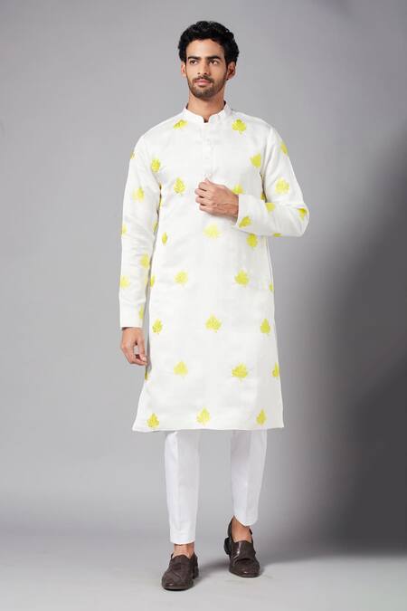 Hilo Design_White Cotton, Lycra, Linen, Satin Embroidery Mogra Kurta Set _Online_at_Aza_Fashions