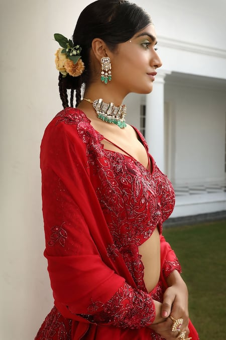 Buy_Miku Kumar_Red Silk, Satin Sequins, Embroidery Tonal Embellished Bridal Lehenga Set _Online_at_Aza_Fashions