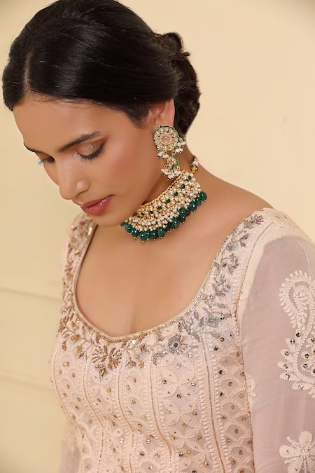 Buy_Esha Koul_Off White Georgette, Crepe Embroidery, Sequins Boat Chikankari Work Anarkali Set_Online_at_Aza_Fashions