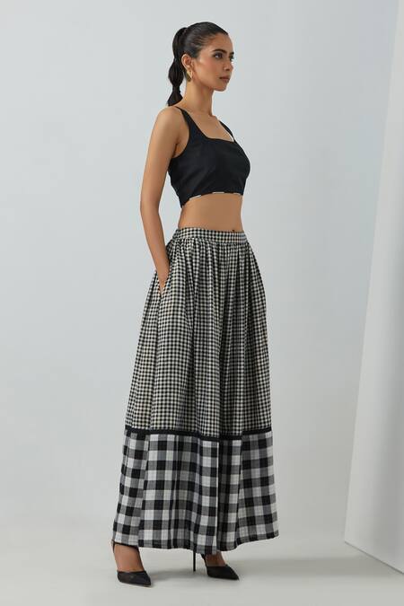 Buy_The Indian Cause_Black Cotton Zari Check Bustier Bralette And Skirt Set_Online_at_Aza_Fashions