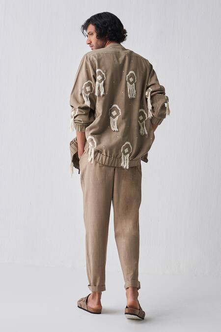 Buy Three Green Handloom Cotton Fringe Handwoven Bomber Jacket Online at Aza Fashions Buy_Three_Green Handloom Cotton Fringe Handwoven Bomber Jacket_Online_at_Aza_Fashions