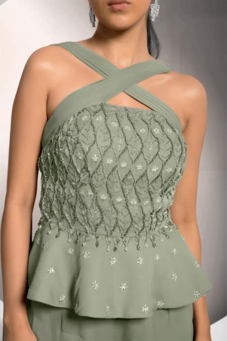 Buy_Jade By Ashima_Green Georgette Embroidery, Beads Bodice Draped Peplum Top And Flared Pant Set _Online_at_Aza_Fashions