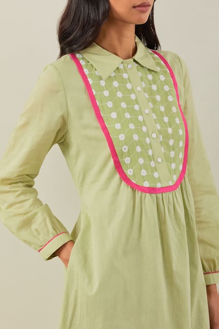 Buy_The Indian Cause_Green Cotton Sequins, Chains Collared Embroidered Dress_Online_at_Aza_Fashions