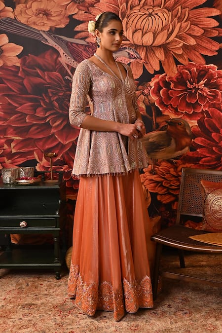 Moledro_Purple Brocade, Organza, Silk Mirrors, Beads, Ruya Peplum Kurta And Sharara Set _Online_at_Aza_Fashions