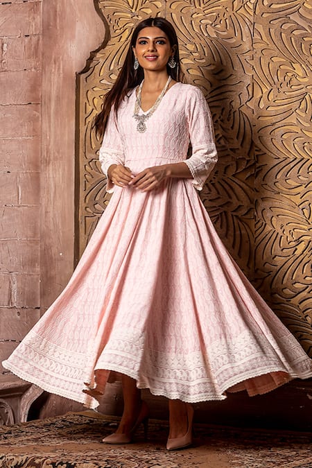 Buy_Monk & Mei By Sonia Anand_Pink Embroidery V-neck Chikankari Anarkali _Online_at_Aza_Fashions