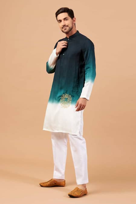 Hilo Design_Green Faux Leather, Fleece Embroidery Ombre Lion Motif Kurta For Kids_Online_at_Aza_Fashions