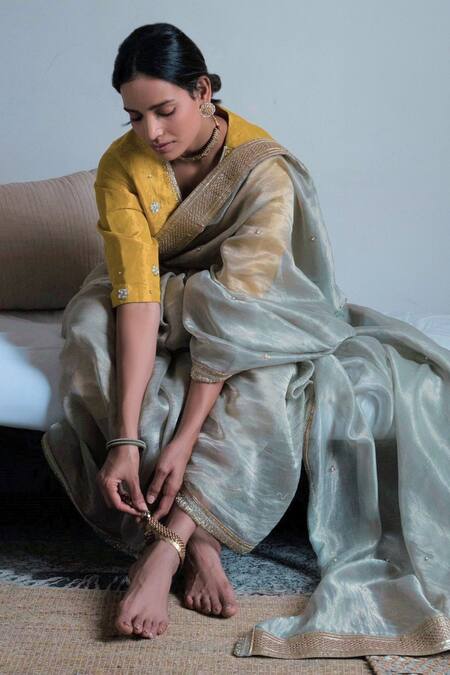 Buy Shorshe Clothing Yellow Handloom Cotton Pearls, Gota Patti V-neck Tissue Embroidered Blouse Online at Aza Fashions Buy_Shorshe Clothing_Yellow Handloom Cotton Pearls, Gota Patti V-neck Tissue Embroidered Blouse _Online_at_Aza_Fashions