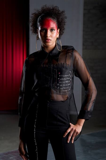 Buy_Pocketful Of Cherrie_Black Organza Embroidery Collared Sheer Curved Hem Shirt_Online_at_Aza_Fashions
