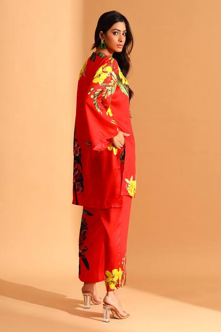 Buy_Moh India_Red Cotton, Silk Keyhole Neck Flower Printed Tunic And Trouser Set_Online_at_Aza_Fashions