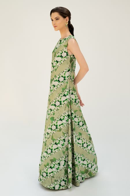 Shop_Sanam_Green Silk Embroidery Round Neck Chevron Floral Pattern Gown _Online_at_Aza_Fashions