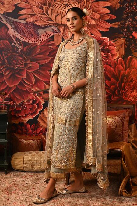 Buy Moledro Green Brocade, Net Foil Printing, Embroidery Scoop Neck Hania Nakshi Kurta Set Online at Aza Fashions Buy_Moledro_Green Brocade, Net Foil Printing, Embroidery Scoop Neck Hania Nakshi Kurta Set _Online_at_Aza_Fashions