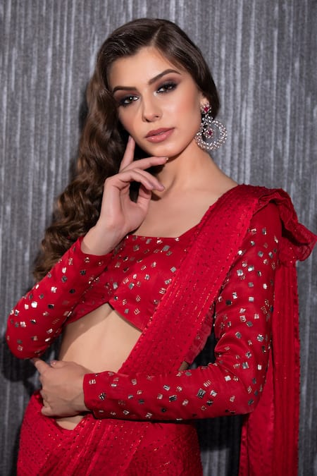 Buy_Shilpi Gupta_Red Organza, Satin Beads, Embroidered Pre-draped Saree With Blouse _Online_at_Aza_Fashions
