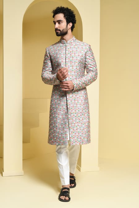 Buy_Kustomeyes_Silver Cotton Silk Embroidered Floral Thread Sherwani Set _Online_at_Aza_Fashions