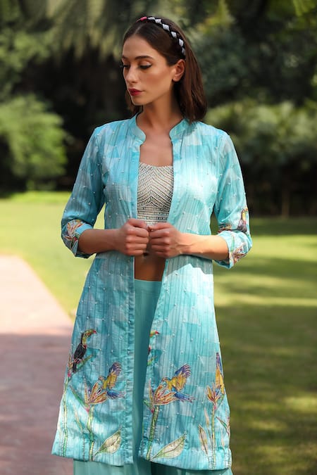 Buy_Tarini Vij_Blue Jacket And Blouse - Calcutta Silk, Plazzo - Georgette Pearls, Pattern Set _Online_at_Aza_Fashions