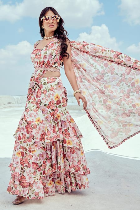 Buy Nikita Vishakha Pink Georgette Embroidery Sweetheart Neck Floral Printed Pre-draped Saree Online at Aza Fashions Buy_Nikita Vishakha_Pink Georgette Embroidery Sweetheart Neck Floral Printed Pre-draped Saree _Online_at_Aza_Fashions