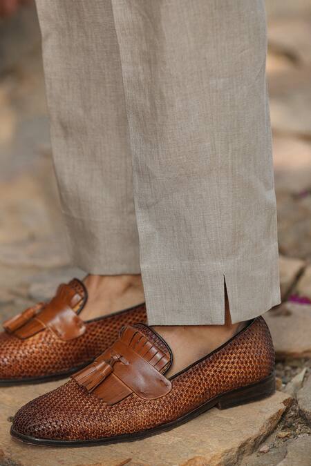Buy_Raw & Rustic By Niti Bothra_Beige Linen Buttoned Hem Handcrafted Straight Pant _Online_at_Aza_Fashions