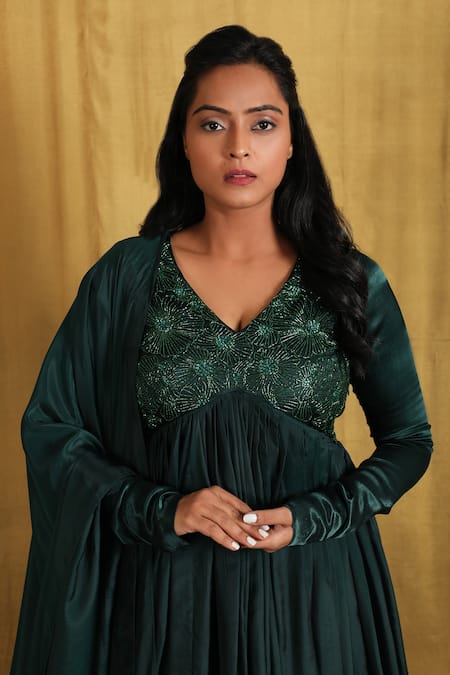 Buy The Aarya Green Silk Sequins, Beads, Embroidery V-neck Floral Bodice Anarkali Set Online at Aza Fashions Buy_The Aarya_Green Silk Sequins, Beads, Embroidery V-neck Floral Bodice Anarkali Set _Online_at_Aza_Fashions