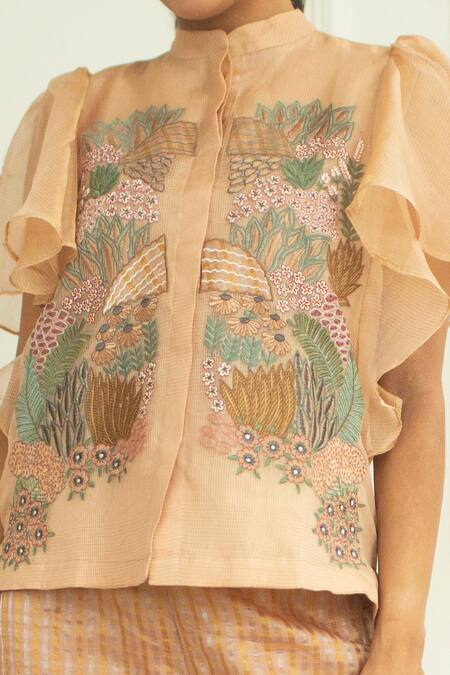 Buy_Oja_Cream Handloom Silk Floral Applique Band Collar Embroidered Shirt And Pant Set _Online_at_Aza_Fashions