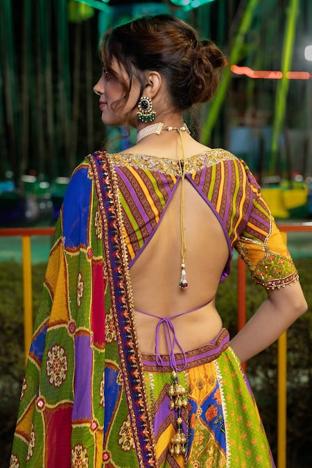 Buy_Irrau by Samir Mantri_Multi Color Organza, Denim Embroidery, Gota Patti Abstract Print Lehenga Set _Online_at_Aza_Fashions