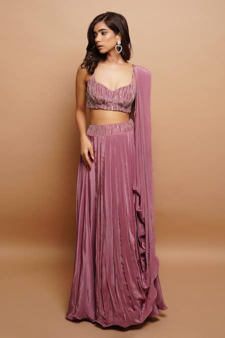 Buy_Ahi Clothing_Pink Crepe Sequins, Cut Work, Zari Sweetheart Embroidered Bustier And Lehenga Set _Online_at_Aza_Fashions