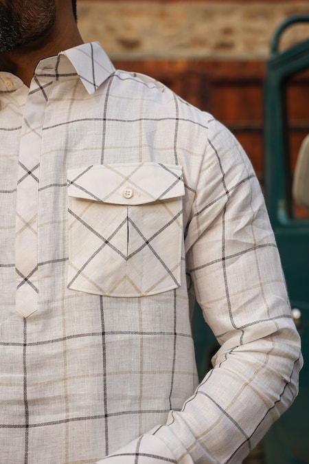 Buy_Raw & Rustic By Niti Bothra_White Linen Checkered Kurta _Online_at_Aza_Fashions