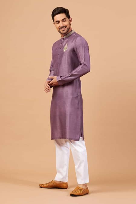 Hilo Design Purple Cotton, Silk, Lycra Embroidery Inara Mandarin Collar Kurta Set Online at Aza Fashions Hilo Design_Purple Cotton, Silk, Lycra Embroidery Inara Mandarin Collar Kurta Set _Online_at_Aza_Fashions