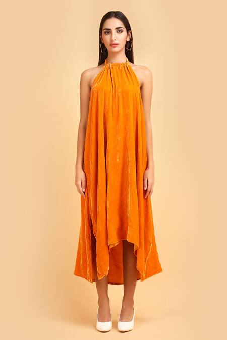 Buy_Label Ivish_Orange Silk, Velvet Halter Neck Asymmetric Dress _Online_at_Aza_Fashions