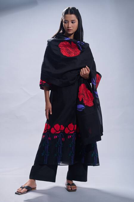 Buy Taika By Poonam Bhagat Black Chanderi Embroidered Floral Round A-line Tunic Set Online at Aza Fashions Buy_Taika By Poonam Bhagat_Black Chanderi Embroidered Floral Round A-line Tunic Set _Online_at_Aza_Fashions