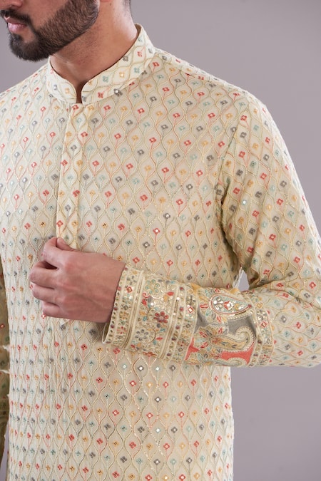 Buy_Kasbah_Cream Georgette, Cotton Embroidery Paisley Chikankari Kurta_Online_at_Aza_Fashions