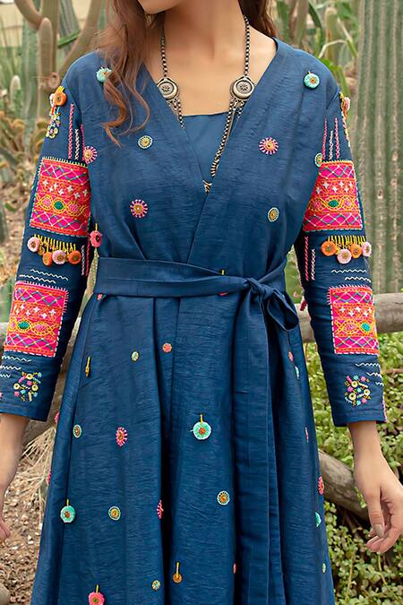 Buy_Kacha Tanka_Blue Silk, Cotton Embroidery, Mirrors Hand Flower And Geometric Jacket Dress Set _Online_at_Aza_Fashions